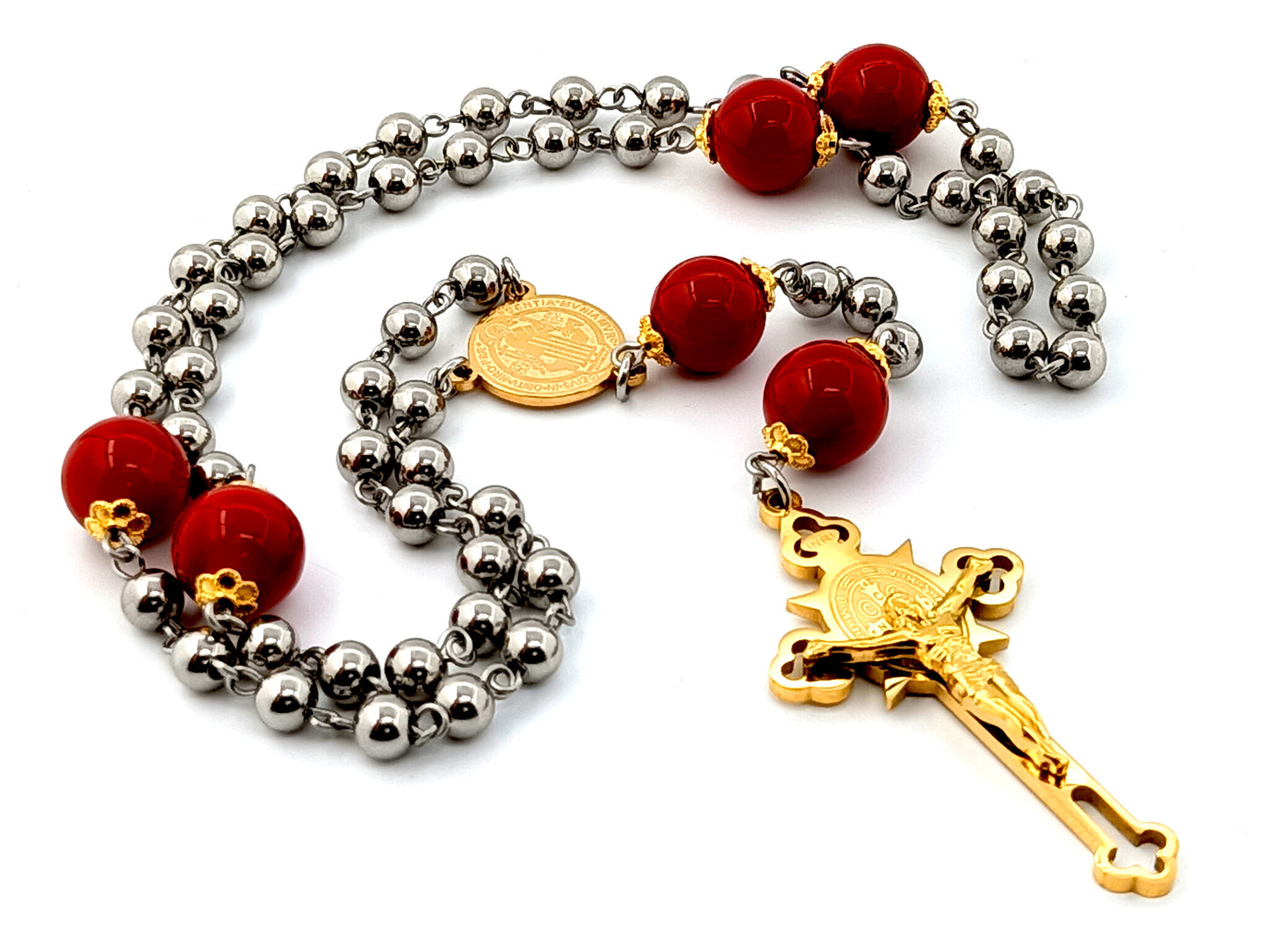 Saint Benedict stainless steel and jasper gemstone rosary beads with gold plated stainless steel crucifix and center medal.