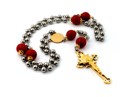 Saint Benedict stainless steel and jasper gemstone rosary beads with gold plated stainless steel crucifix and center medal.