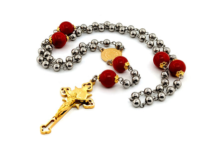 Saint Benedict stainless steel and jasper gemstone rosary beads with gold plated stainless steel crucifix and center medal.