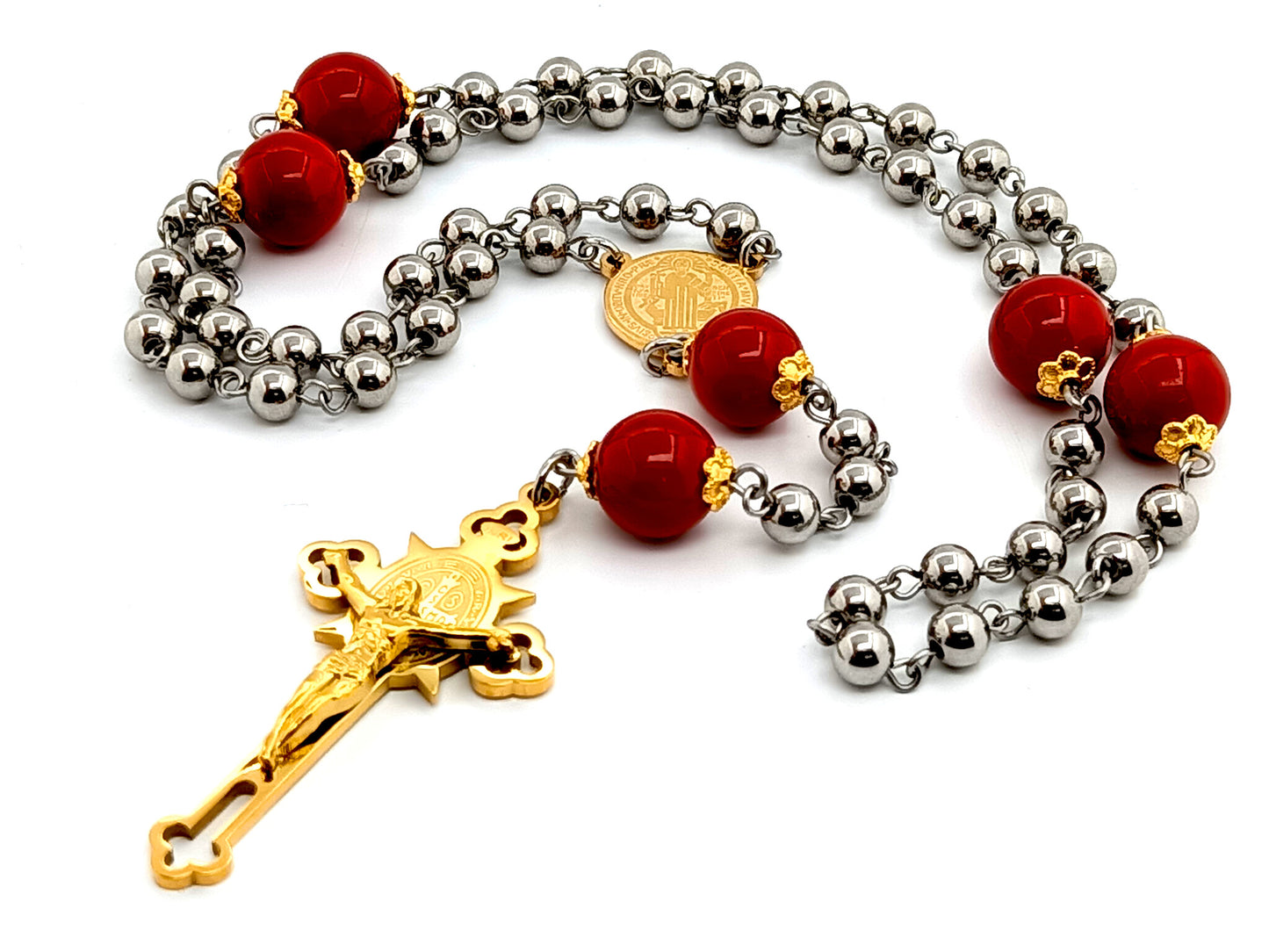 Saint Benedict stainless steel and jasper gemstone rosary beads with gold plated stainless steel crucifix and center medal.