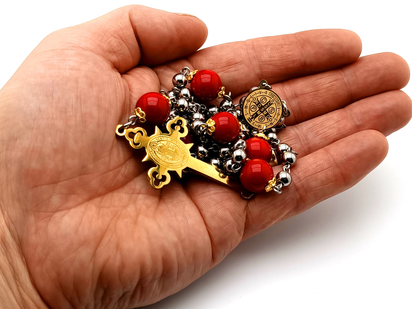 Saint Benedict stainless steel and jasper gemstone rosary beads with gold plated stainless steel crucifix and center medal.