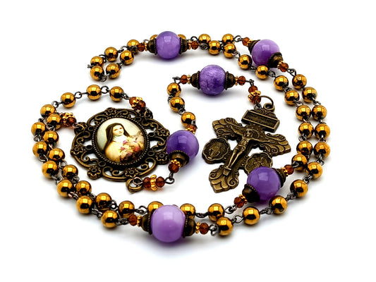 Saint Therese of Lisieux gemstone vintage style rosary beads with brass Saint Benedict medal and Miraculous medal crucifix.