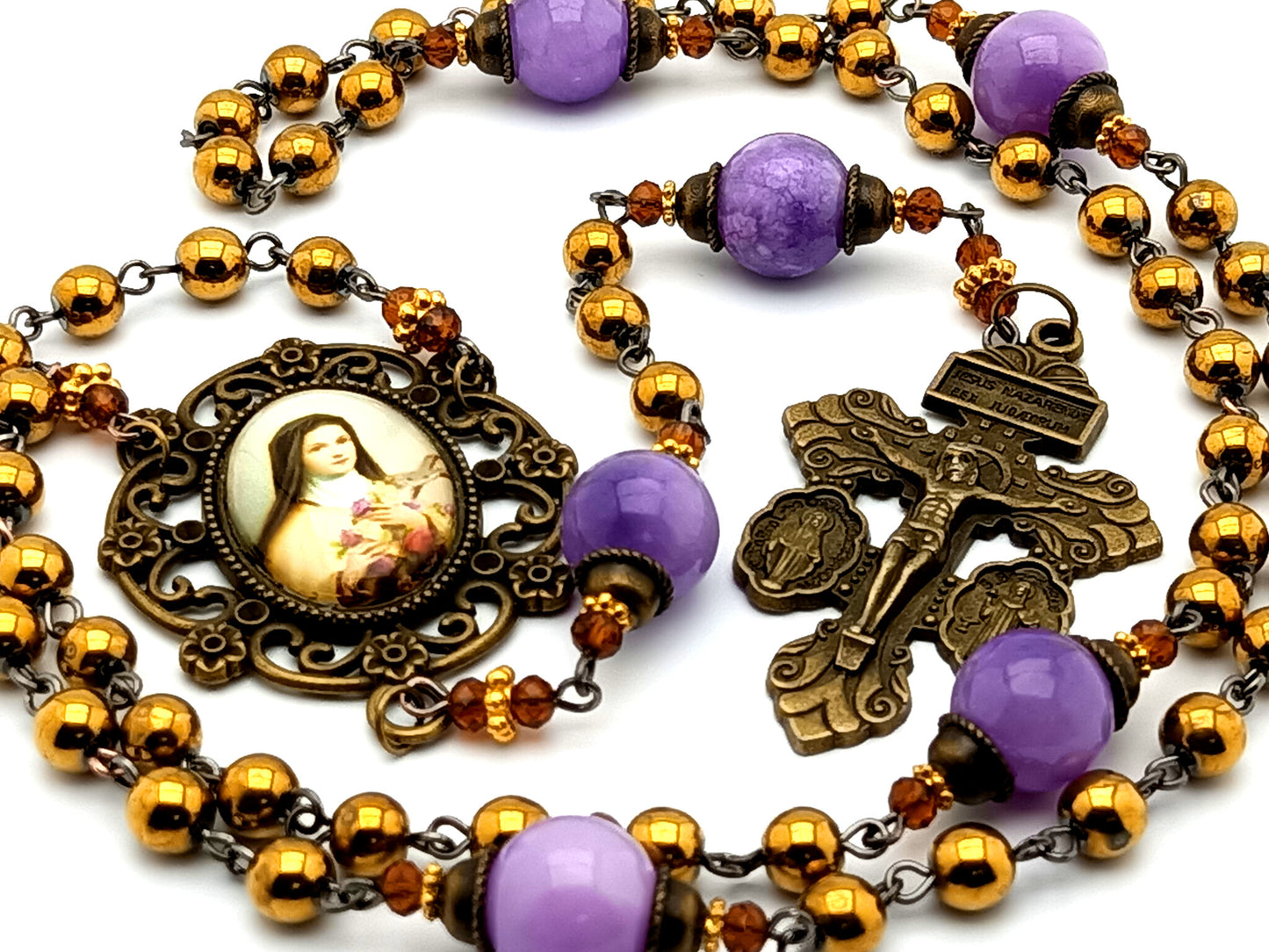 Saint Therese of Lisieux gemstone vintage style rosary beads with brass Saint Benedict medal and Miraculous medal crucifix.