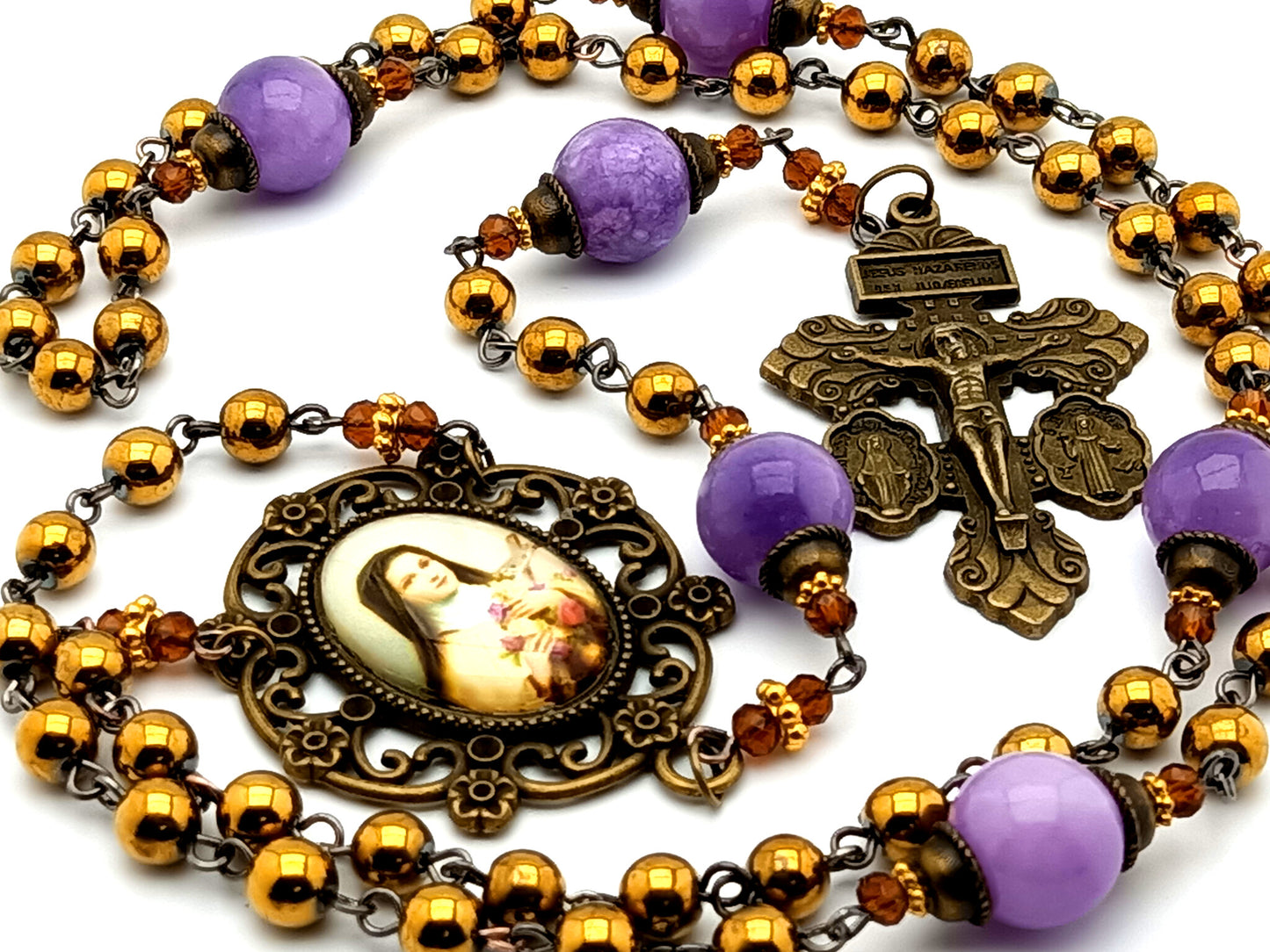 Saint Therese of Lisieux gemstone vintage style rosary beads with brass Saint Benedict medal and Miraculous medal crucifix.