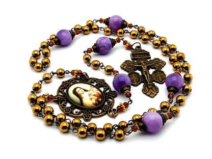 Saint Therese of Lisieux gemstone vintage style rosary beads with brass Saint Benedict medal and Miraculous medal crucifix.