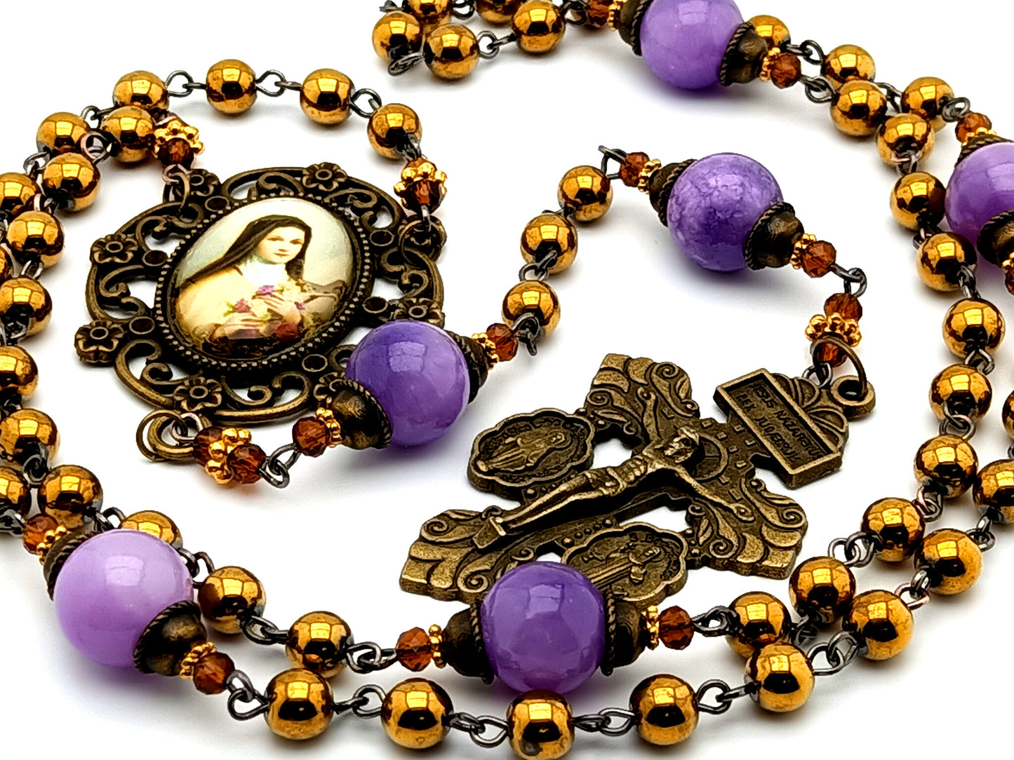 Saint Therese of Lisieux gemstone vintage style rosary beads with brass Saint Benedict medal and Miraculous medal crucifix.