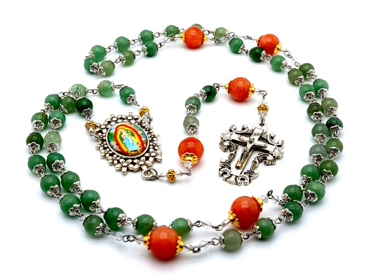 Our Lady of Guadalupe gemstone rosary beads with filigree crucifix and large jasper Our Father beads.