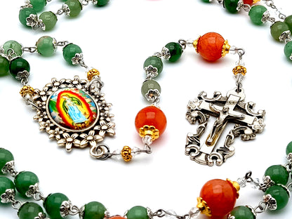 Our Lady of Guadalupe gemstone rosary beads with filigree crucifix and large jasper Our Father beads.