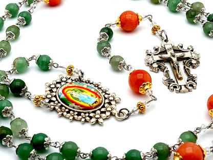 Our Lady of Guadalupe gemstone rosary beads with filigree crucifix and large jasper Our Father beads.