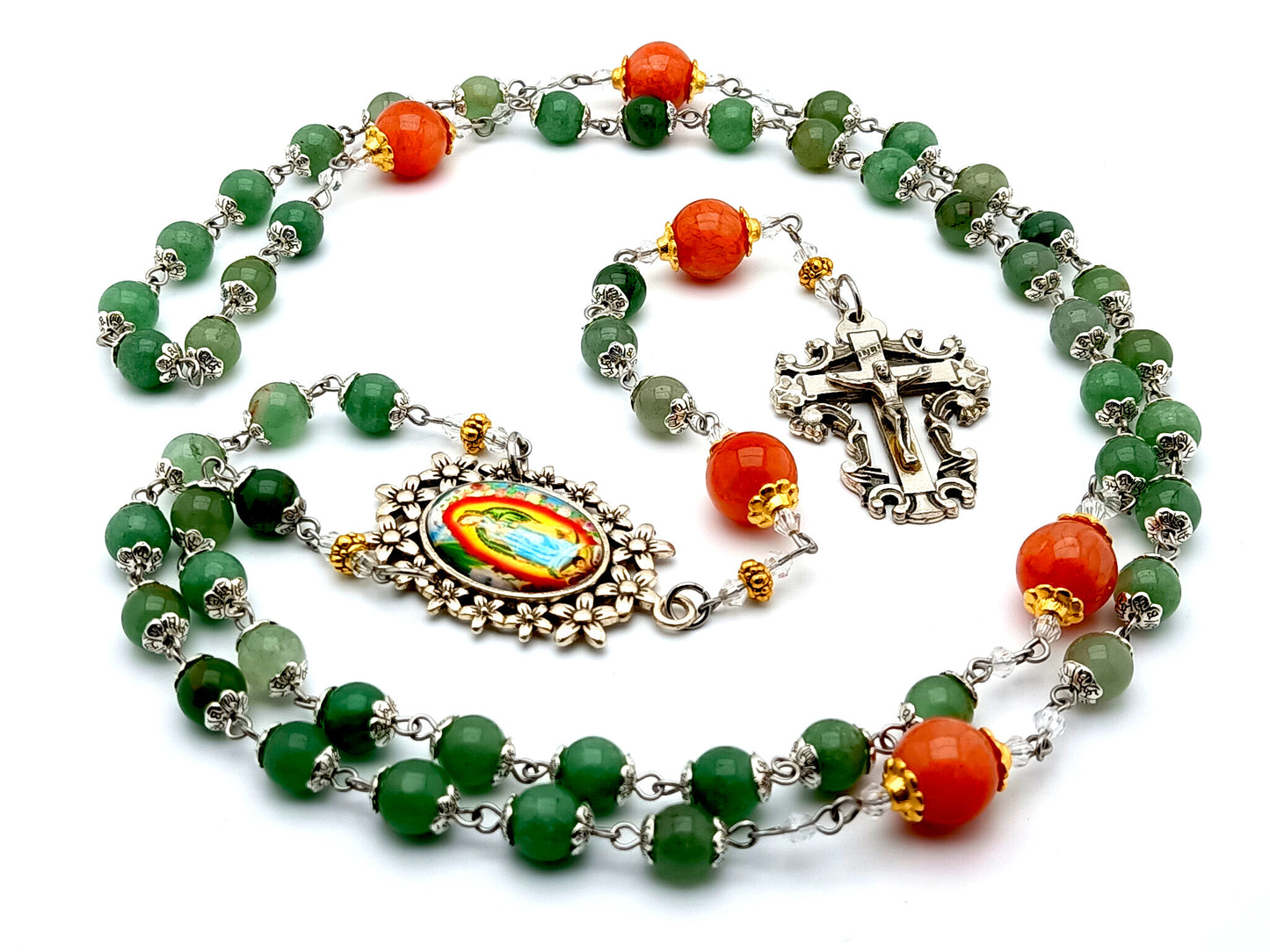 Our Lady of Guadalupe gemstone rosary beads with filigree crucifix and large jasper Our Father beads.