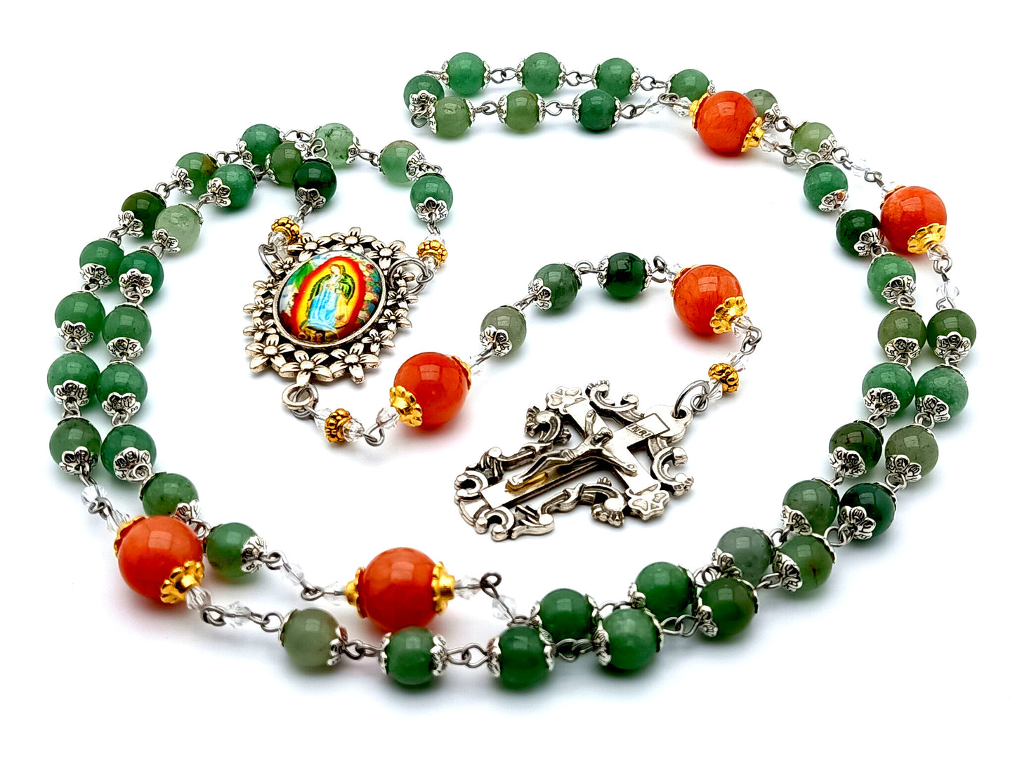 Our Lady of Guadalupe gemstone rosary beads with filigree crucifix and large jasper Our Father beads.