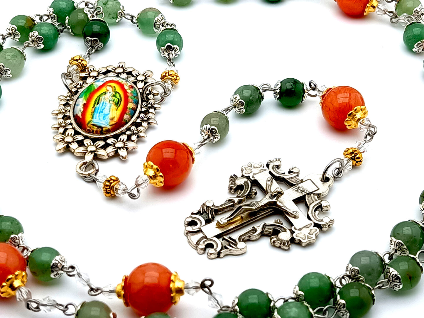 Our Lady of Guadalupe gemstone rosary beads with filigree crucifix and large jasper Our Father beads.