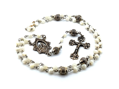 Our Lady of La Salette 925 sterling silver and mother of pearl rosary bead necklace with sterling silver filigree crucifix.