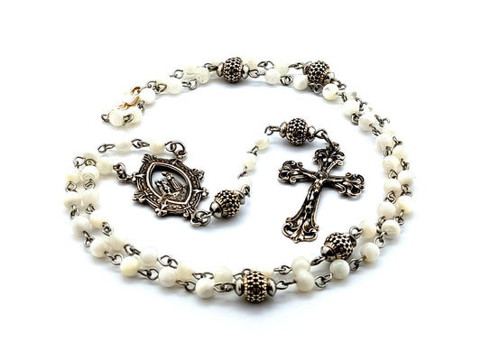 Our Lady of La Salette 925 sterling silver and mother of pearl rosary bead necklace with sterling silver filigree crucifix.