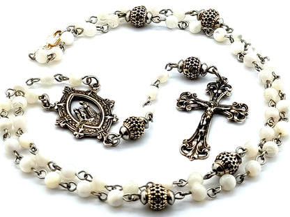 Our Lady of La Salette 925 sterling silver and mother of pearl rosary bead necklace with sterling silver filigree crucifix.