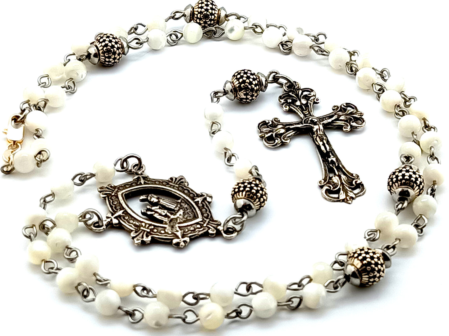 Our Lady of La Salette 925 sterling silver and mother of pearl rosary bead necklace with sterling silver filigree crucifix.