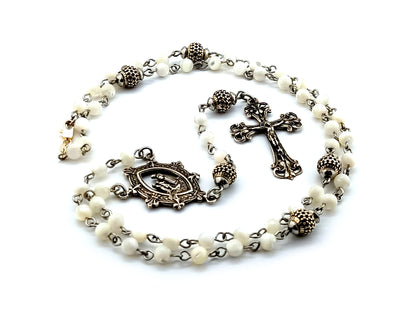 Our Lady of La Salette 925 sterling silver and mother of pearl rosary bead necklace with sterling silver filigree crucifix.