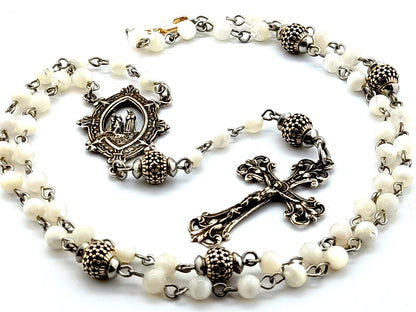 Our Lady of La Salette 925 sterling silver and mother of pearl rosary bead necklace with sterling silver filigree crucifix.