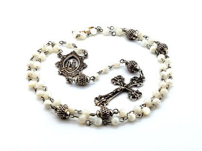 Our Lady of La Salette 925 sterling silver and mother of pearl rosary bead necklace with sterling silver filigree crucifix.