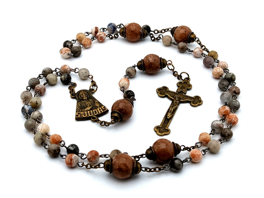 Saint Jude vintage style gemstone rosary beads with brass crucifix and large jasper Our Father beads.