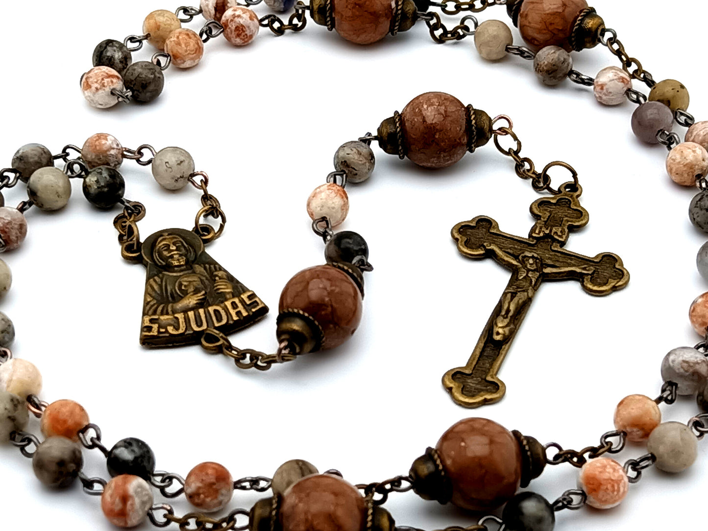 Saint Jude vintage style gemstone rosary beads with brass crucifix and large jasper Our Father beads.