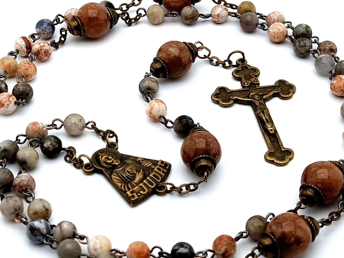 Saint Jude vintage style gemstone rosary beads with brass crucifix and large jasper Our Father beads.