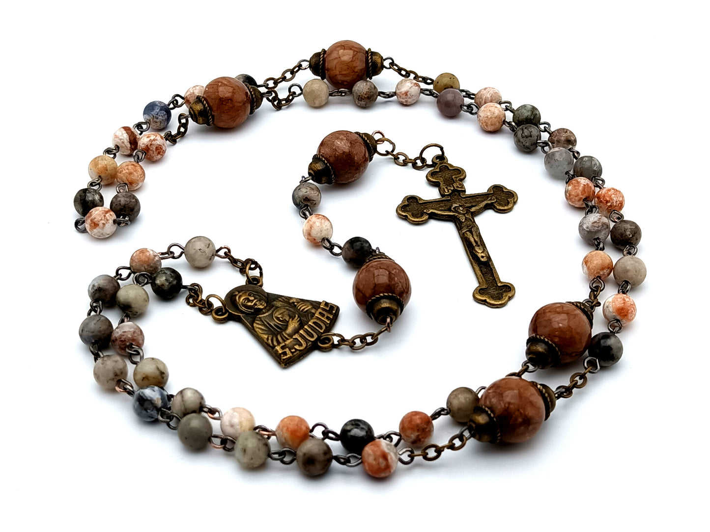 Saint Jude vintage style gemstone rosary beads with brass crucifix and large jasper Our Father beads.