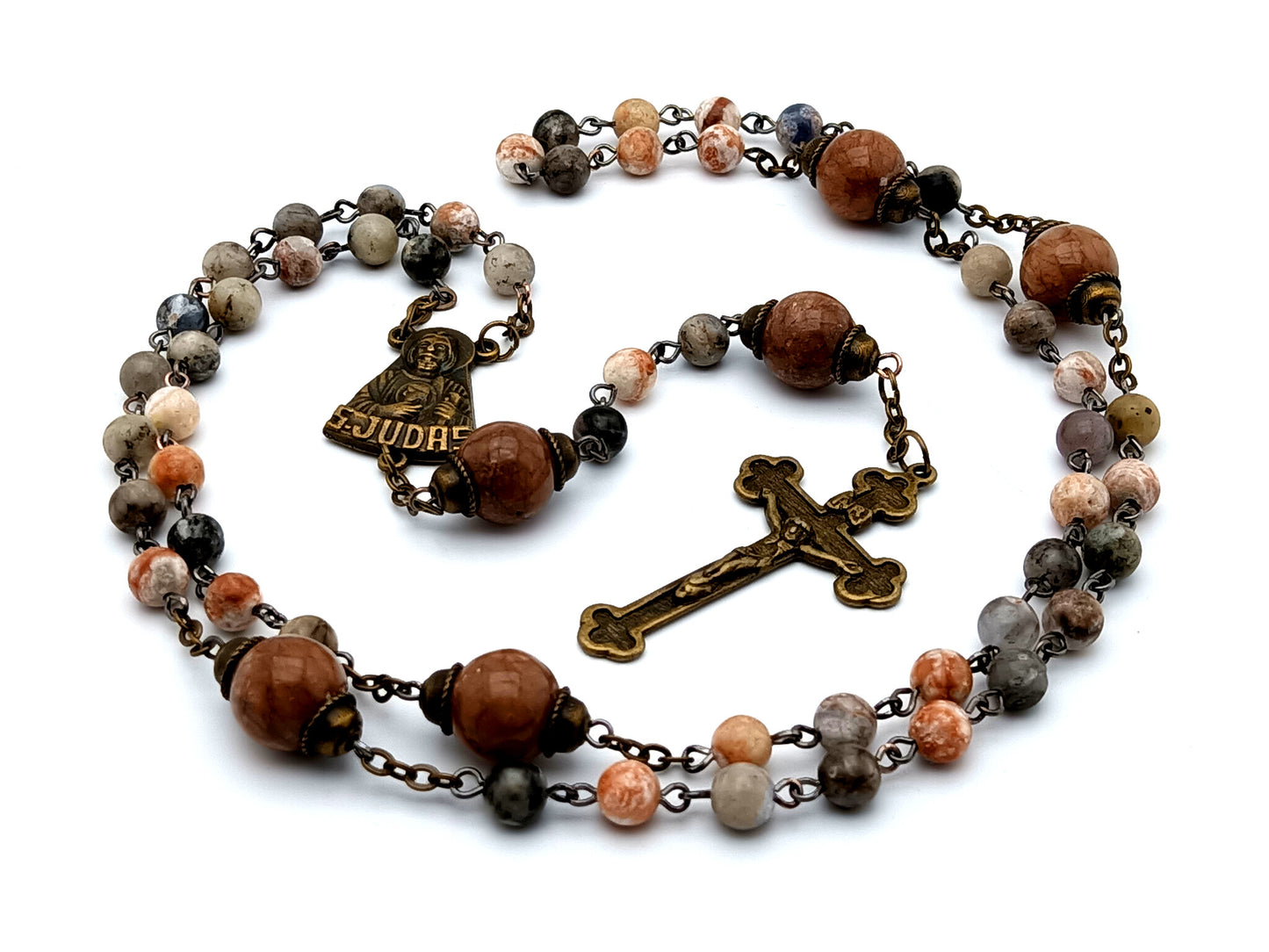 Saint Jude vintage style gemstone rosary beads with brass crucifix and large jasper Our Father beads.