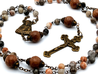 Saint Jude vintage style gemstone rosary beads with brass crucifix and large jasper Our Father beads.