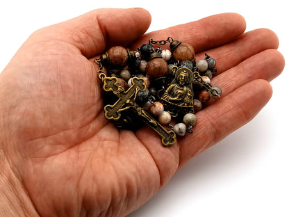 Saint Jude vintage style gemstone rosary beads with brass crucifix and large jasper Our Father beads.