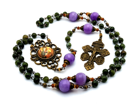 Our Lady of Perpetual Help gemstone rosary beads with vintage style double sided medal crucifix and Our Lady of Succor center medal.