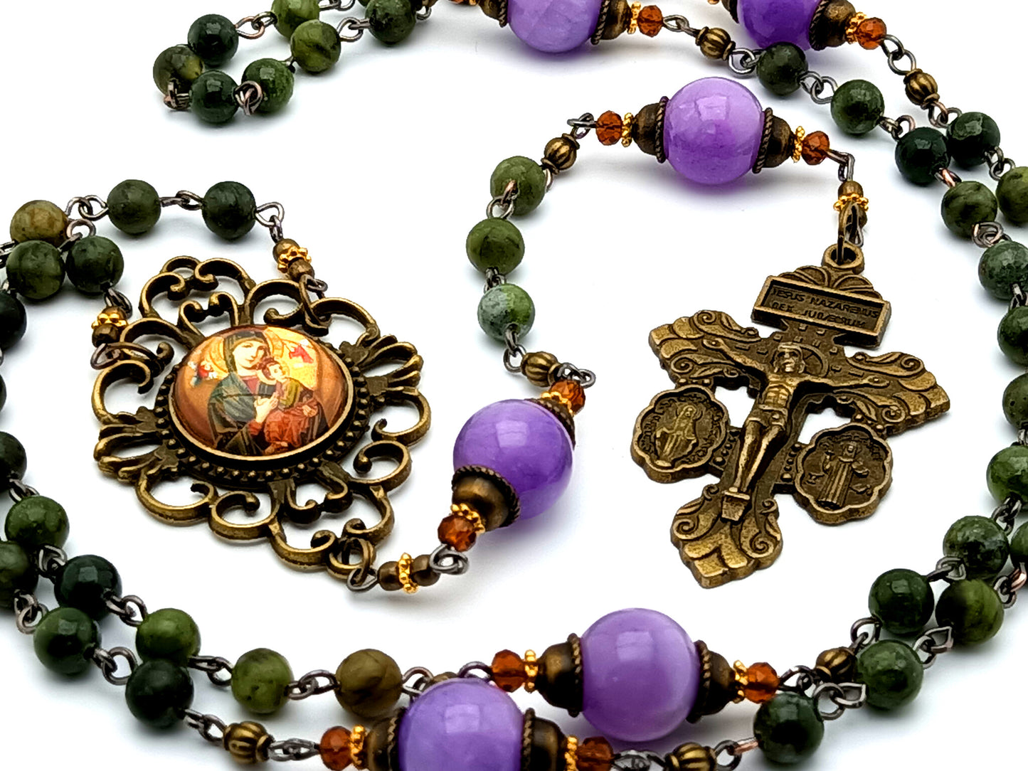 Our Lady of Perpetual Help gemstone rosary beads with vintage style double sided medal crucifix and Our Lady of Succor center medal.