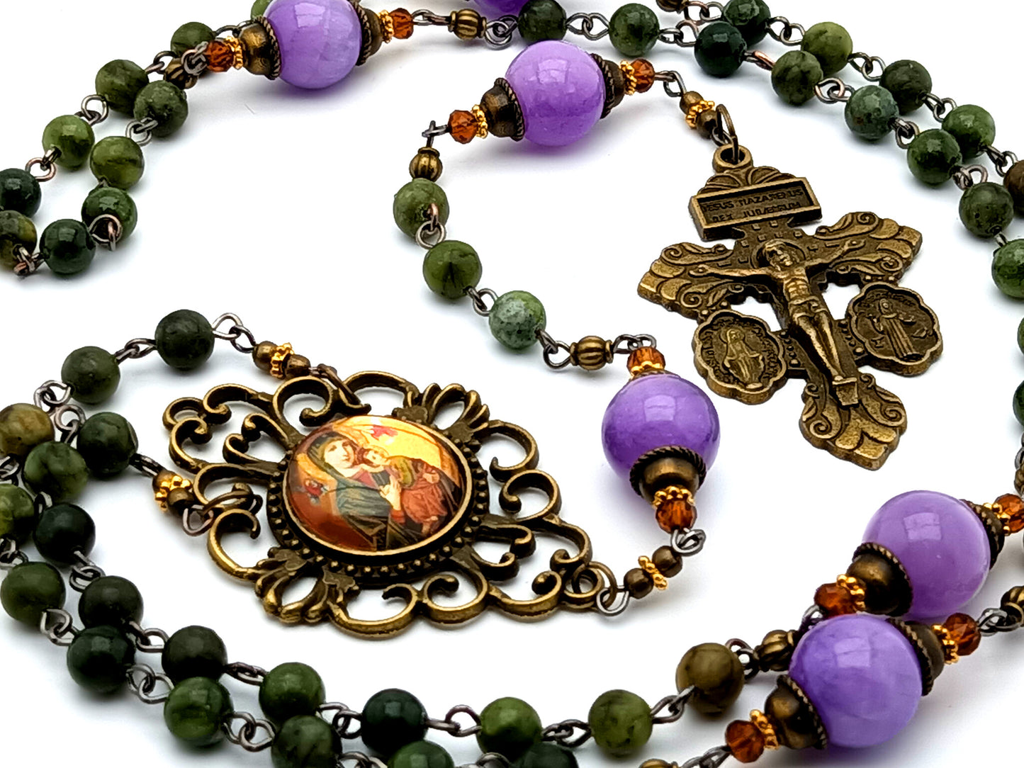 Our Lady of Perpetual Help gemstone rosary beads with vintage style double sided medal crucifix and Our Lady of Succor center medal.