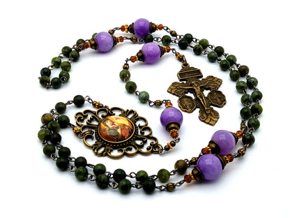 Our Lady of Perpetual Help gemstone rosary beads with vintage style double sided medal crucifix and Our Lady of Succor center medal.