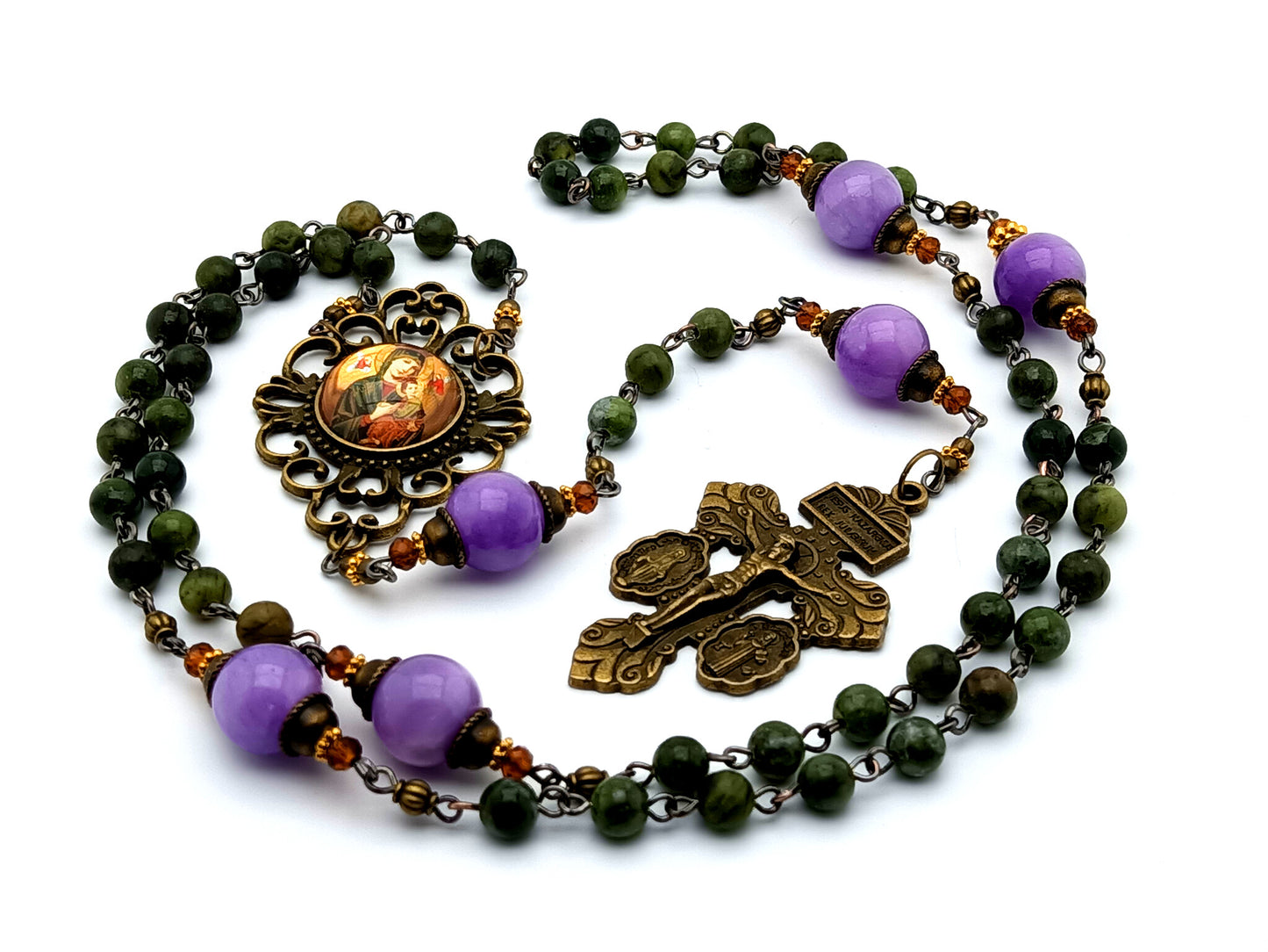 Our Lady of Perpetual Help gemstone rosary beads with vintage style double sided medal crucifix and Our Lady of Succor center medal.