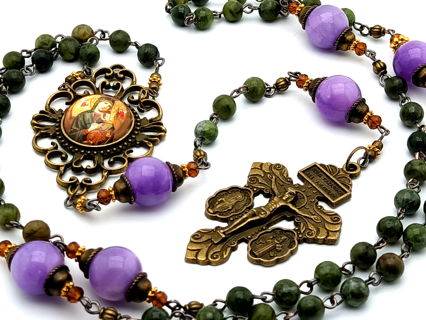 Our Lady of Perpetual Help gemstone rosary beads with vintage style double sided medal crucifix and Our Lady of Succor center medal.