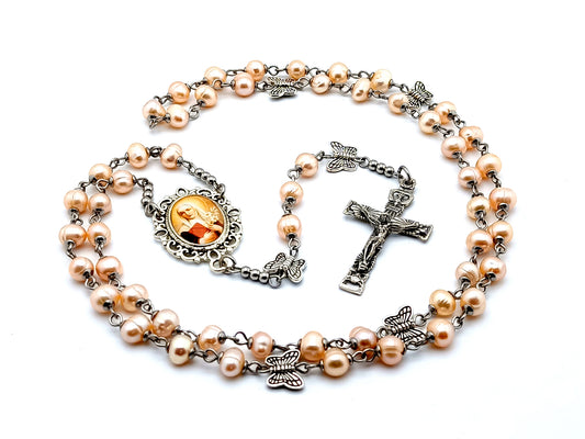 Saint Catherine of Sienna fresh water pearl rosary beads with butterfly Our Father beads and Holy Ghost crucifix.