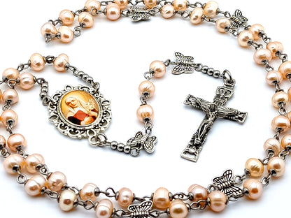 Saint Catherine of Sienna fresh water pearl rosary beads with butterfly Our Father beads and Holy Ghost crucifix.