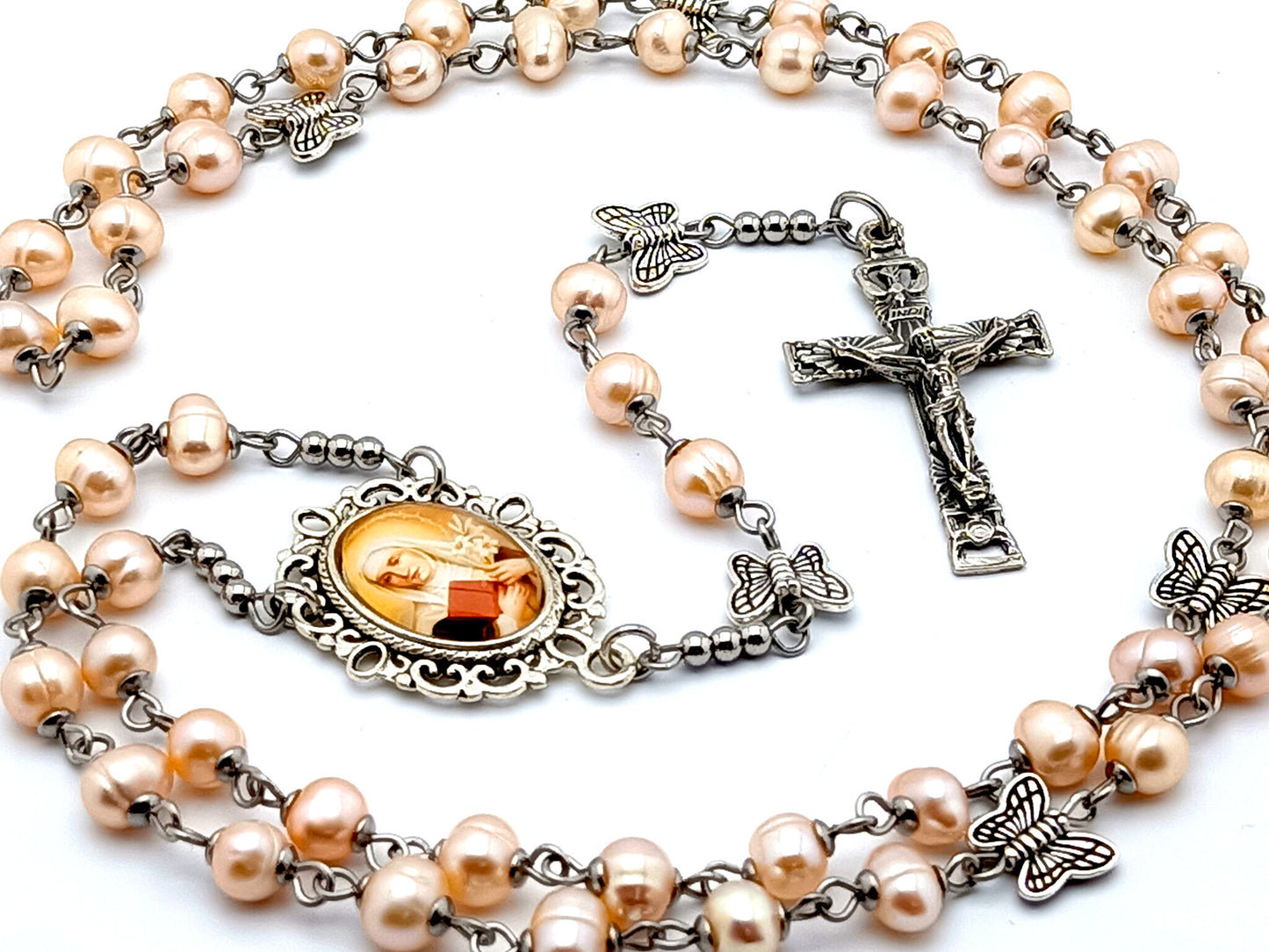 Saint Catherine of Sienna fresh water pearl rosary beads with butterfly Our Father beads and Holy Ghost crucifix.