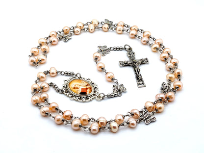 Saint Catherine of Sienna fresh water pearl rosary beads with butterfly Our Father beads and Holy Ghost crucifix.