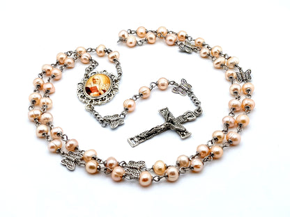 Saint Catherine of Sienna fresh water pearl rosary beads with butterfly Our Father beads and Holy Ghost crucifix.