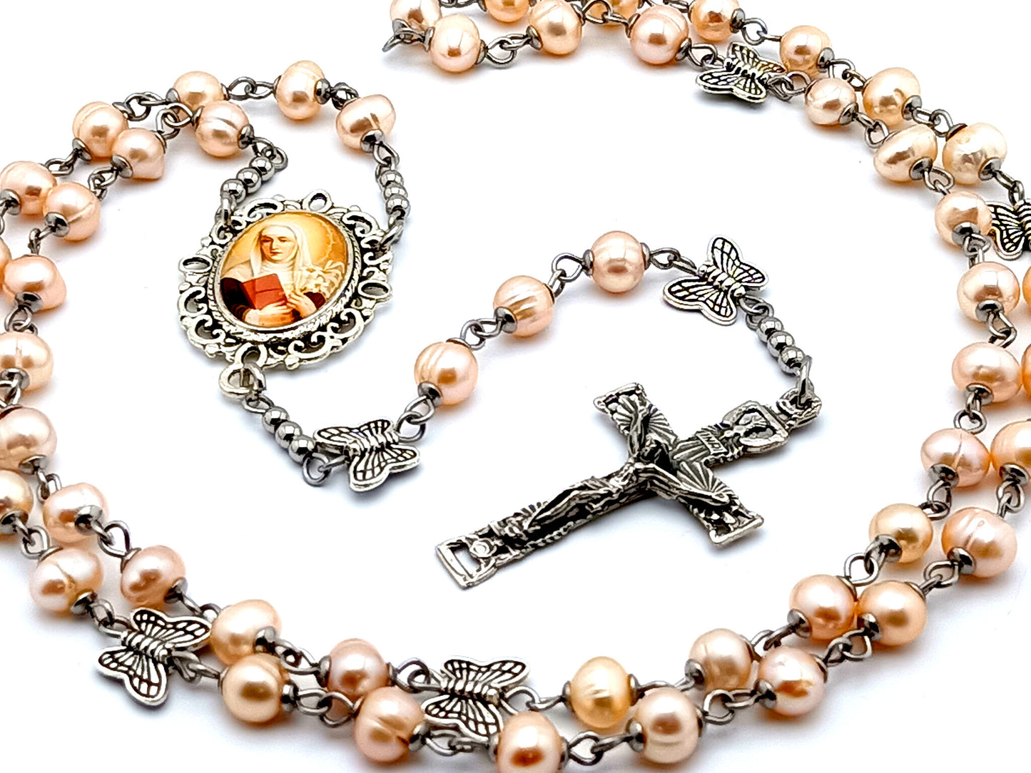 Saint Catherine of Sienna fresh water pearl rosary beads with butterfly Our Father beads and Holy Ghost crucifix.