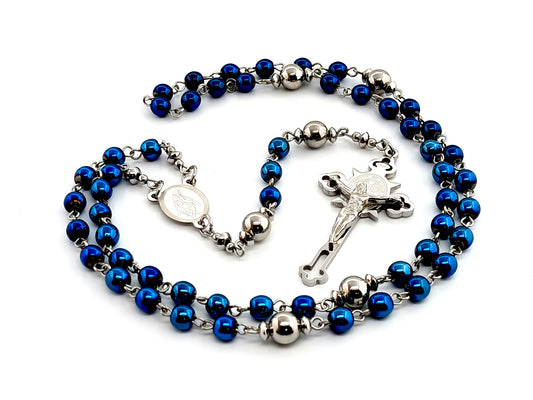 Miraculous medal stainless steel and hematite gemstone rosary beads with Stainless steel etched crucifix.