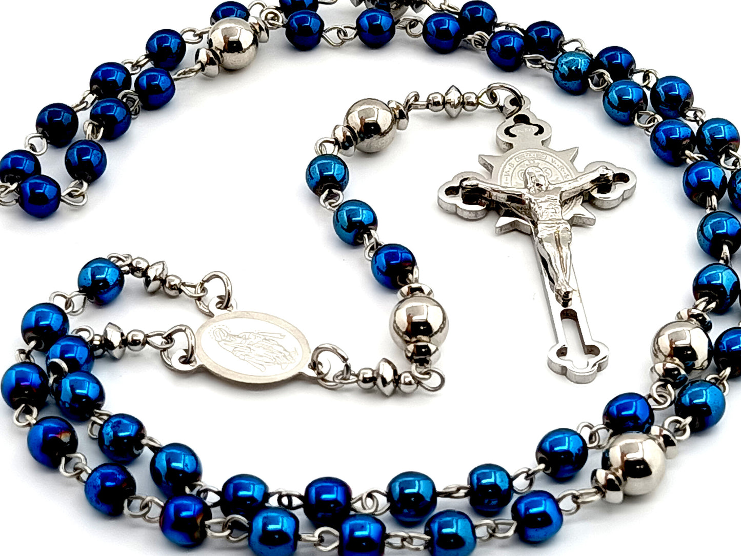 Miraculous medal stainless steel and hematite gemstone rosary beads with Stainless steel etched crucifix.