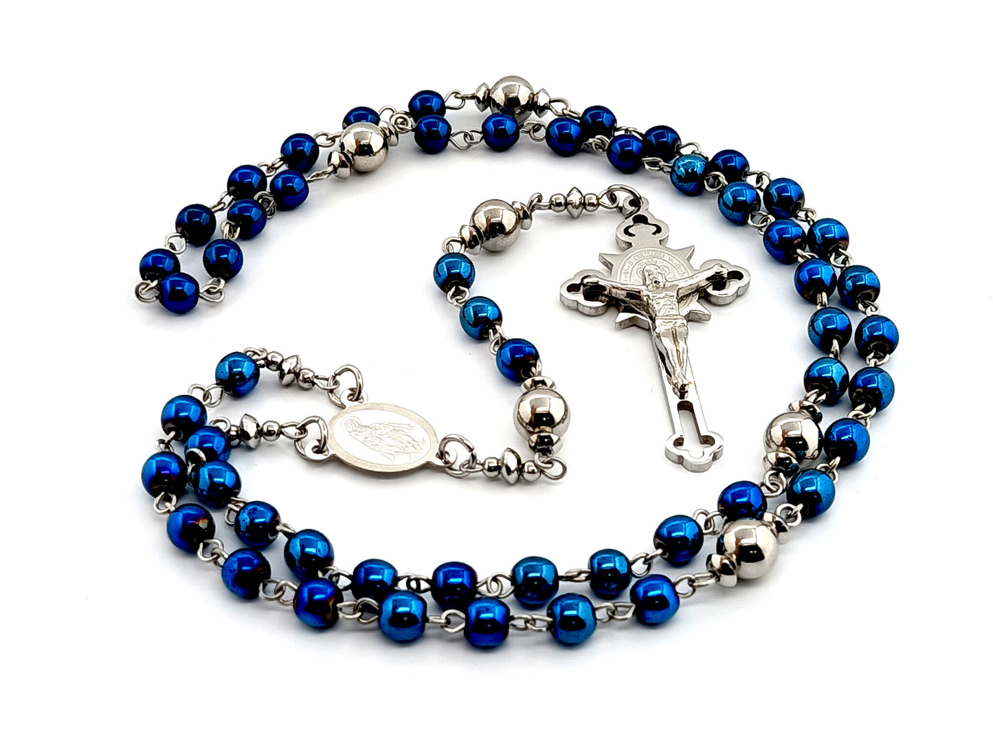 Miraculous medal stainless steel and hematite gemstone rosary beads with Stainless steel etched crucifix.