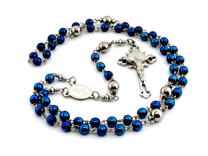 Miraculous medal stainless steel and hematite gemstone rosary beads with Stainless steel etched crucifix.