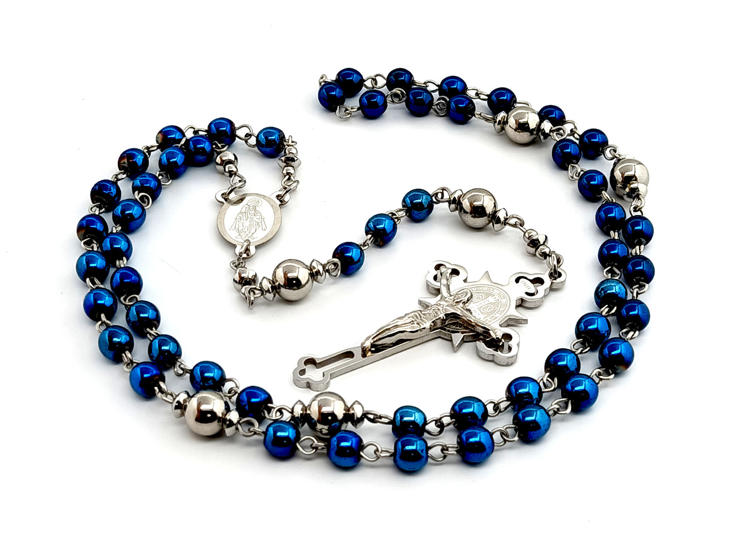 Miraculous medal stainless steel and hematite gemstone rosary beads with Stainless steel etched crucifix.