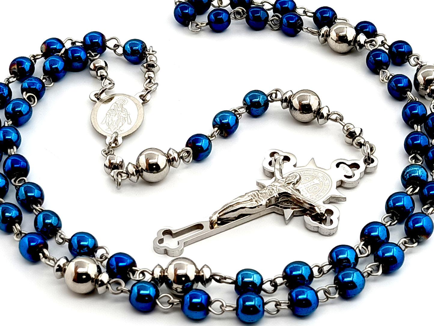 Miraculous medal stainless steel and hematite gemstone rosary beads with Stainless steel etched crucifix.