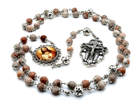 Heirloom Sacred Heart of Jesus unique rosary beads  rhodonite gemstone rosary beads with two angel filigree crucifix and large silver Our Father beads.