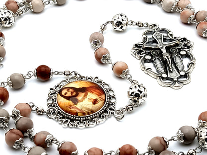 Heirloom Sacred Heart of Jesus unique rosary beads  rhodonite gemstone rosary beads with two angel filigree crucifix and large silver Our Father beads.